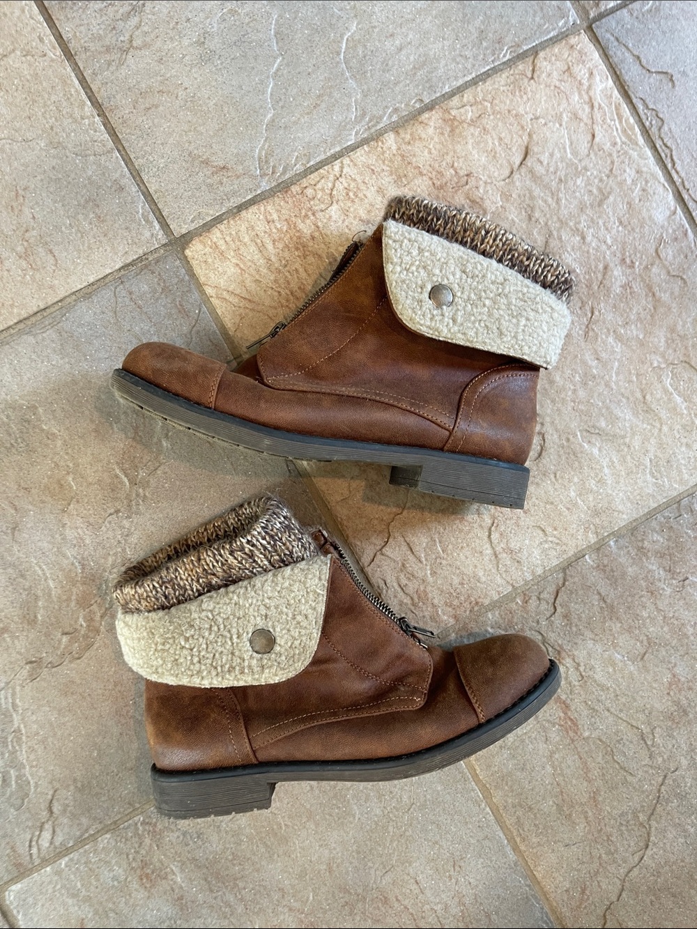 Cliffs by WHITE MOUNTAIN Brown Fold-Over Shearling Accent Ankle Boots